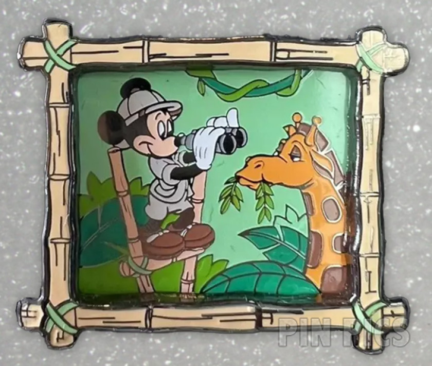 WDW - Mickey Looking at Giraffe - The Adventure Begins Pin Safari 2001 - Animal Kingdom Event Exclusive - Bamboo Frame