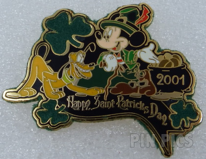 WDW - Leprechaun Mickey and Pluto - Happy Saint Patrick's Day 2001 - Yellow Dog - Shamrocks - Flocked