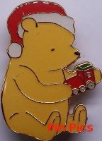 Classic Pooh sitting with Christmas Hat and Train - Greeting Card